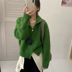 外贸休闲双拉链毛衣外套女秋冬2025新款宽松跨境翻领针织开衫上衣