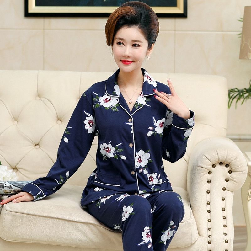 100% pijamas de algodón Primavera y otoño de las mujeres de manga larga delgada mamá de mediana edad y ancianos traje de desgaste para el hogar