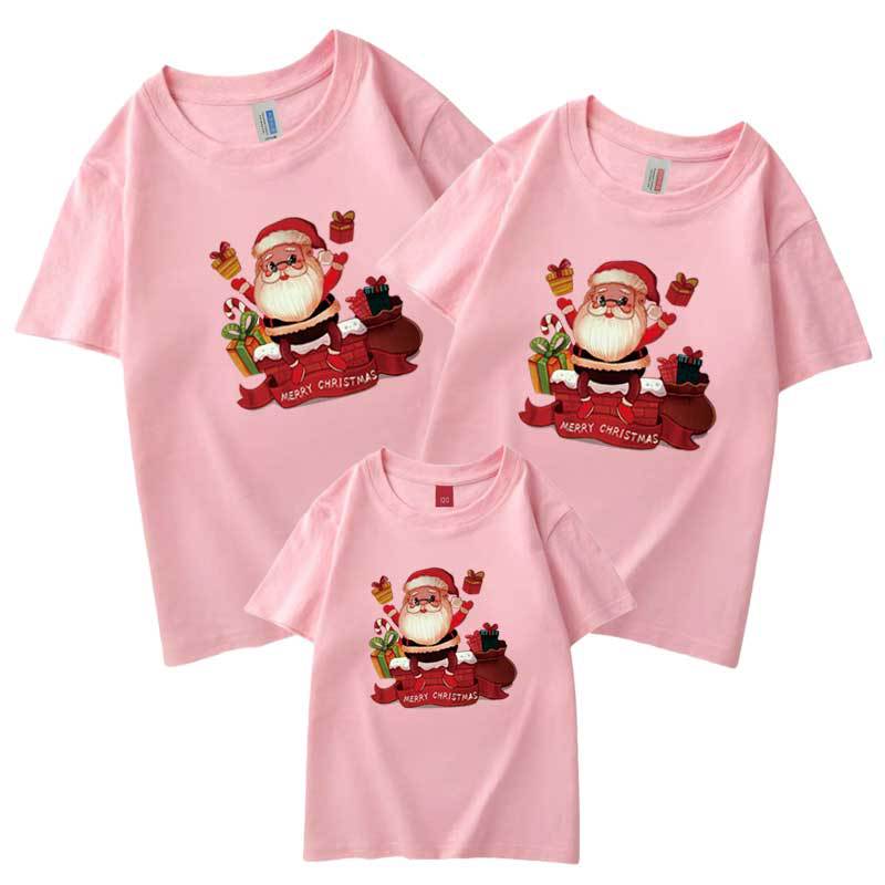 Nuevo tres madre-niño manga corta Camiseta Santa Claus regalo Ropa de padres e hijos de Navidad europea y americana de comercio electrónico transfronterizo