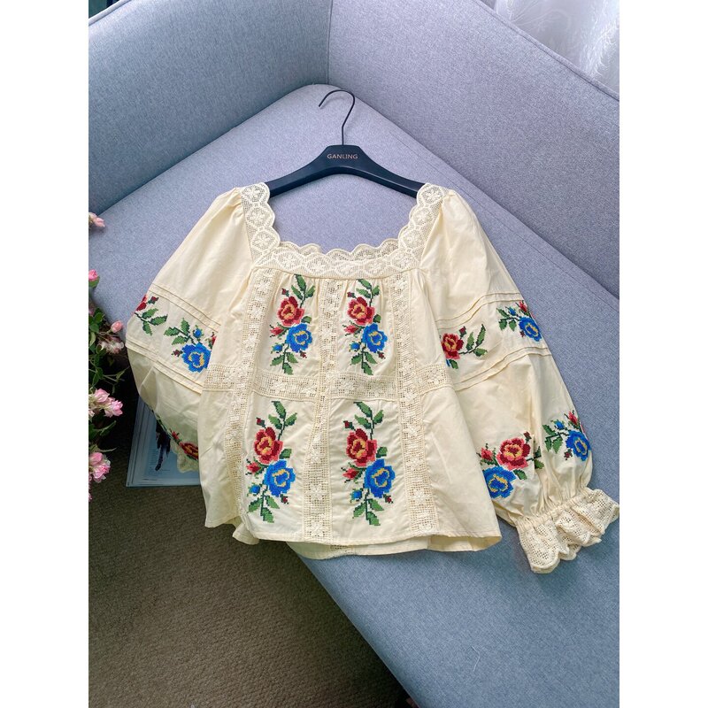 Holiday Pastoral Style~ Heavy Floral Embroidery, Hollow Lace Splicing, Cotton Bell Sleeves, Square Collar Shirt Top for Women Holiday Pastoral Style~ Heavy Floral Embroidery, Hollow Lace Splicing, Cotton Bell Sleeves, Square Collar Shirt Top for Women