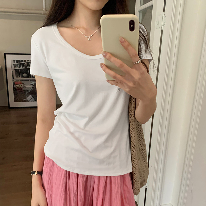 Korean Style Basic Shoulder U-Neck Stretch Short-Sleeved T-Shirt Women's Summer 2025 New Lazy Solid Color Casual Top