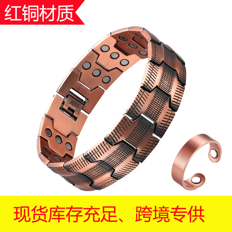 Cross-Border Exclusive Three-Row Magnetic Red Copper Bracelet with Finely Carved Retro Lines Amazon Men's Magnetic Bracelet DIY