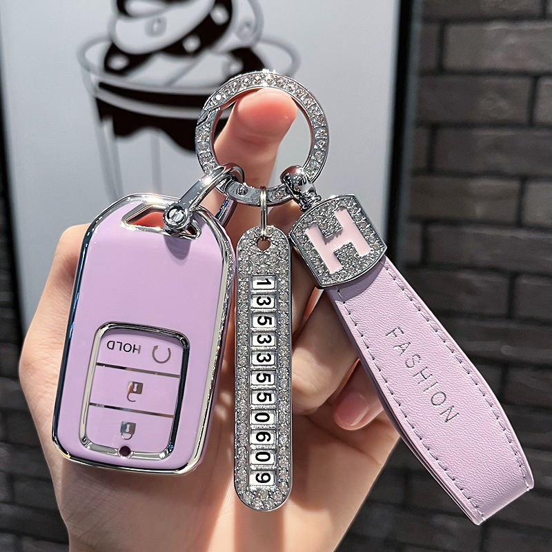 BT 키 G 모델 - 스마트 3버튼 [싱글 쉘 퍼플] + 퍼플 H 가죽 로프 다이아몬드 버클 + 실버 번호판