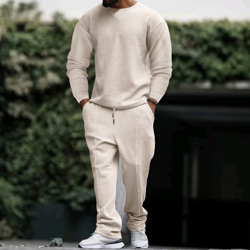 2024 Amazon Cross-Border Autumn/Winter New Waffle Knit Crew Neck Long Sleeve T-Shirt and Pants Casual Sports Two-Piece Set