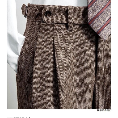 Men's autumn and winter new figure-fitting tweed wool herringbone pants Neapolitan western pants casual straight pants