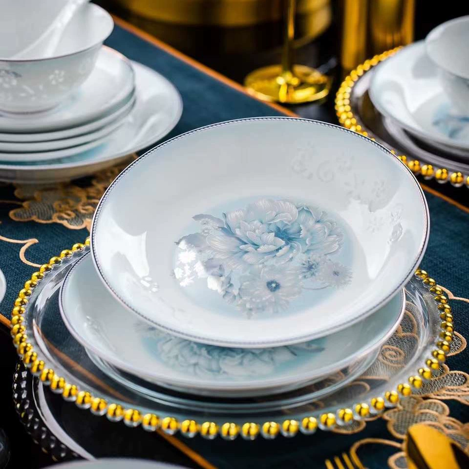 Свадебная посуда Jingdezhen высоко-белый фарфор утолщенные чаши и тарелки большой набор на десять человек свадебный приданый синяя и белая керамика