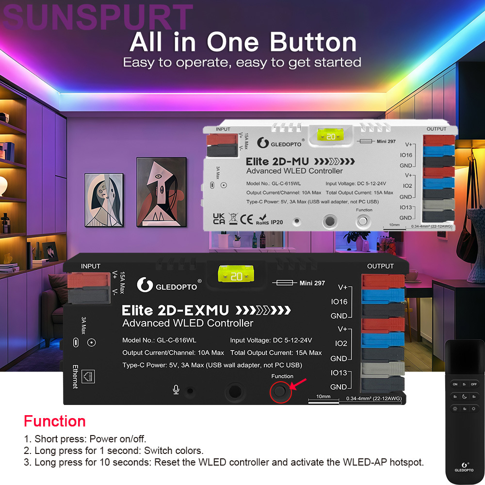 GLEDOPTO新外壳ESP32WLED幻彩控制器带麦克风保险丝Type-C供电615