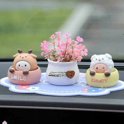 Car ornaments – Car ornaments cartoon shaking - little-deer-puppy-pink-potted-plant-blue-lucky-mat