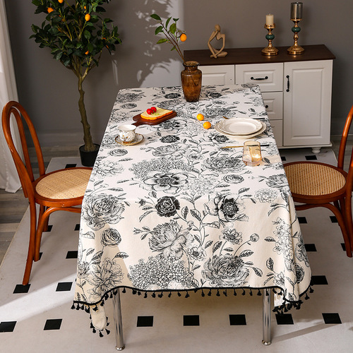 Amazon cross-border new curtains black ball cotton and linen American Nordic style tablecloth living room tablecloth finished cloth