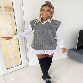 速卖通跨境电商源头毛衣厂直供 2021春夏款马甲套头衫V领无袖女装
