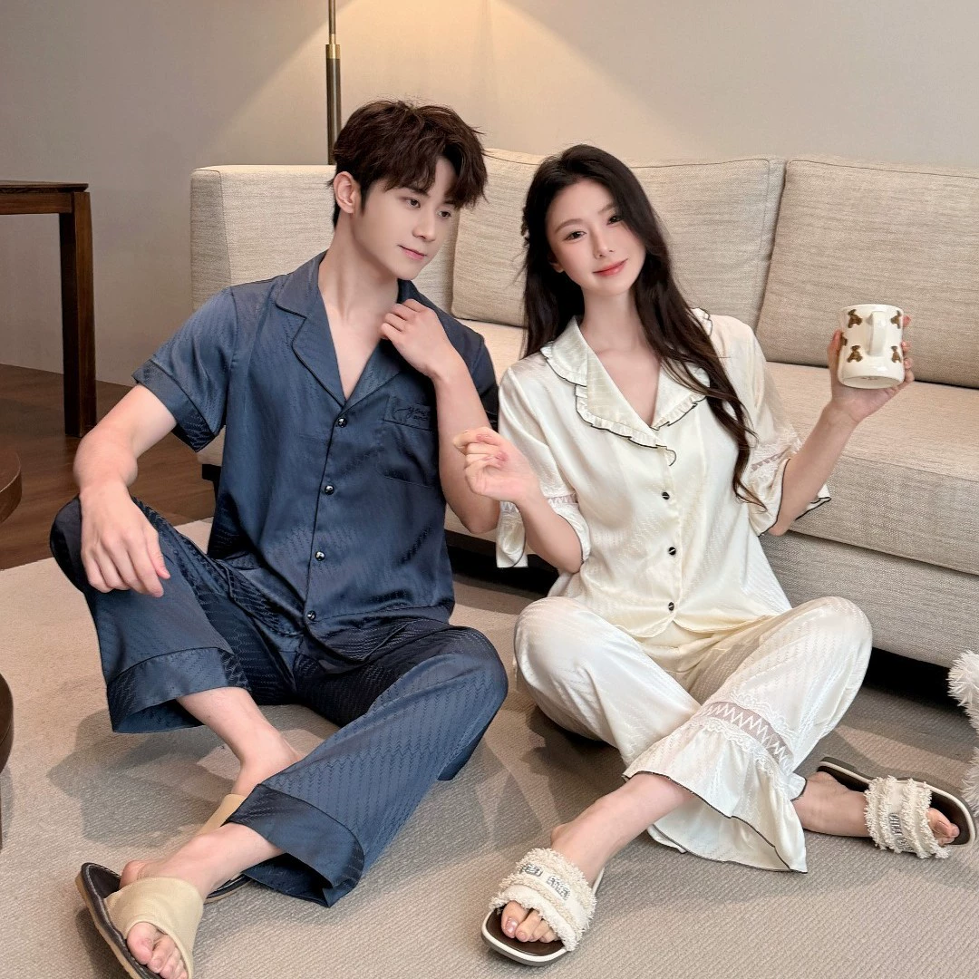 [Qingya] Пижамы из ледяного шелка для пар, женские весенне-летние новые брючные костюмы с длинными рукавами, верхняя одежда из ледяного шелка, мужская домашняя одежда