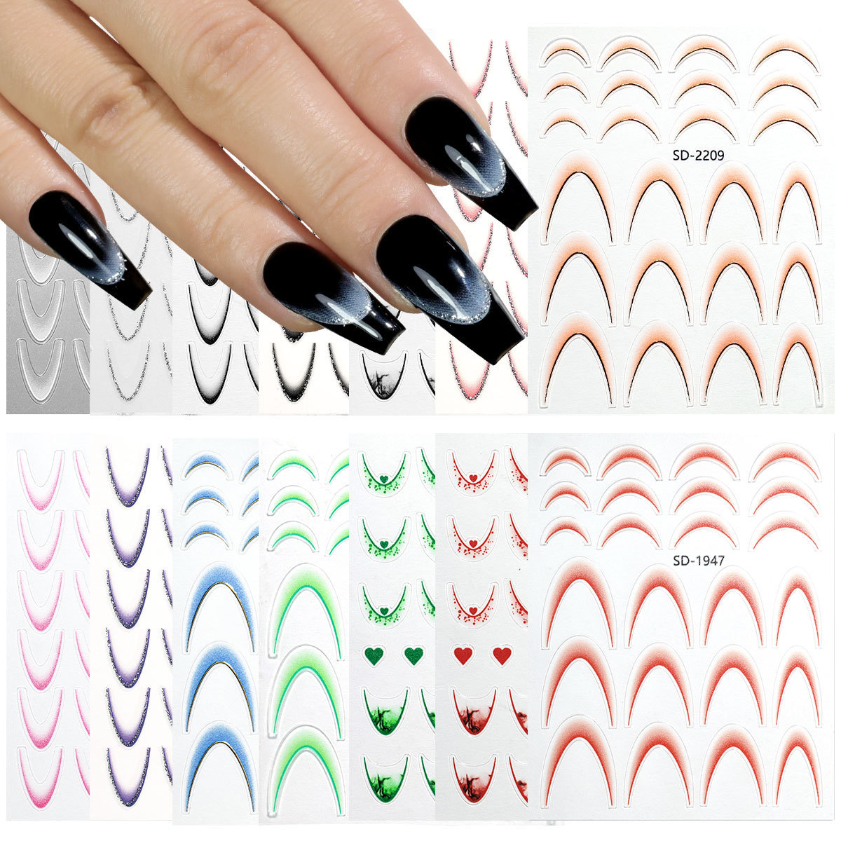 Etiqueta engomada de uñas francesa degradada de estilo explosivo transfronterizo Etiqueta engomada de accesorios de uñas de bricolaje Etiqueta engomada adhesiva INS Etiqueta engomada de uñas en stock