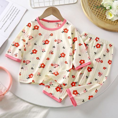 2024 spring new children's pajamas thin baby home clothes boys and girls three-quarter sleeve cartoon air-conditioned clothes suit