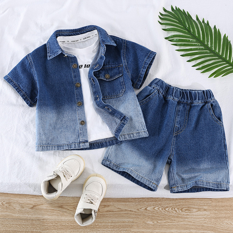 5291 Traje de verano para niños Camisa de manga corta de mezclilla degradada Ropa para niños Ropa hermosa Traje delgado de dos piezas para niños