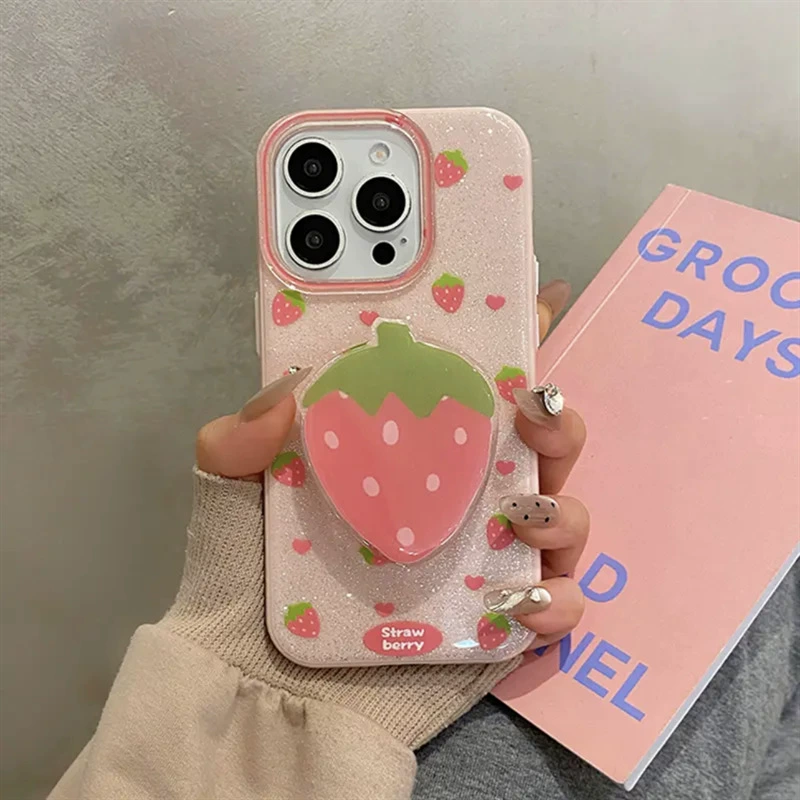 Чехол для телефона (Apple iPhone 16 Pro / 15 Pro совместим) — двухслойный фуксия «клубника», блёстки