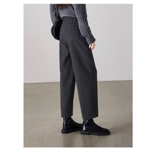 欧货时尚百搭灰色休闲毛呢阔腿裤女秋冬加厚九分哈伦裤窄版直筒裤