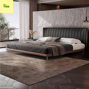 Modern Simple Solid Wood Frame Genuine Leather Shell Stripes Mid-Century Style Italian Light Luxury Master Bedroom Wedding Room Double Bed