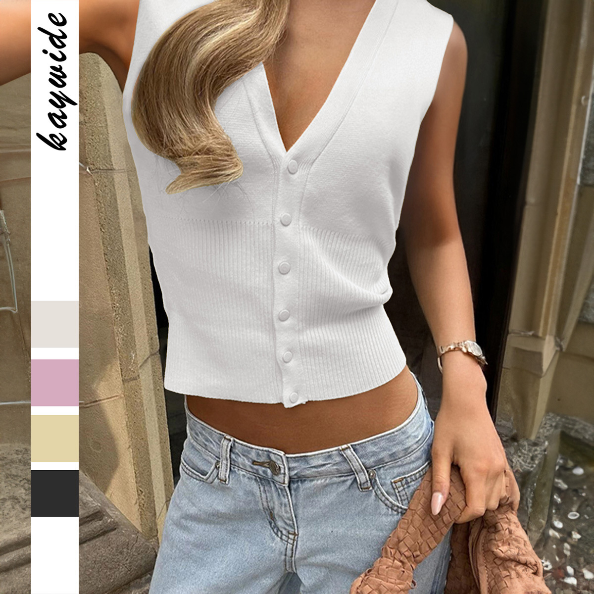 Camiseta sin mangas con botones de color liso, estilo casual europeo y americano, para vacaciones, ropa de mujer, primavera/verano 2026, sitio independiente de Amazon, Kaikuo