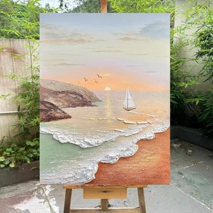 Hand-Painted Oil Painting of a Spring Coastal Scene in Dafen Village, Cream-Style Decorative Painting for the Living Room, Wabi-Sabi Style Entrance Texture Wall Art