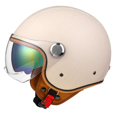 female male retro leather helmet, Motosiklet kaskı (dəbilqə) - lychee-pattern-off-white-short-outside-and-colorful-inside-m