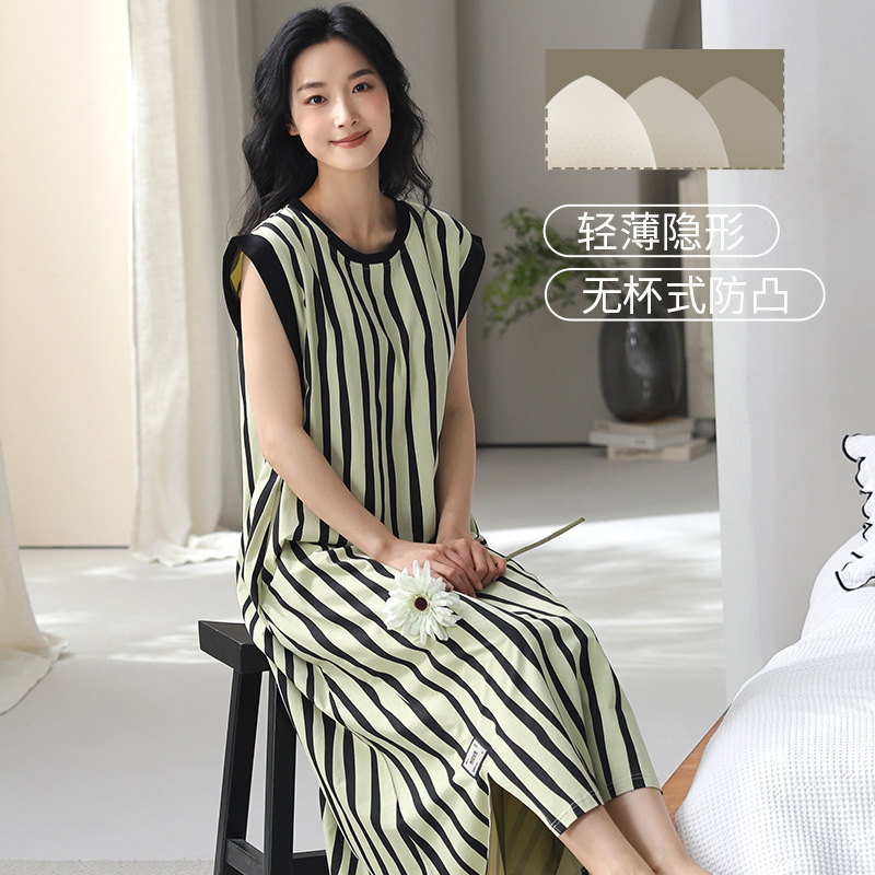 新款纯棉拉架带胸垫睡裙女夏季薄款无袖高级感条纹女士长裙可外穿|undefined