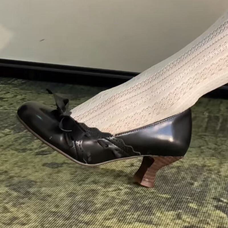 French Retro Bowknot Single Shoes for Women, 2026 New Style, Chunky Heel Shallow Mary Jane Shoes, Versatile Commuting High Heels