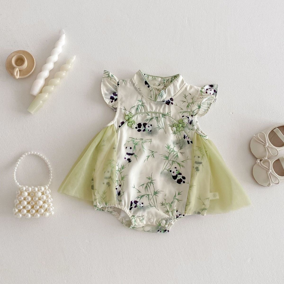 Pandillas de panda para bebés 0-5 años de edad, bebé de verano, mampara de estilo chino, vestido de moda para niñas de estilo occidental