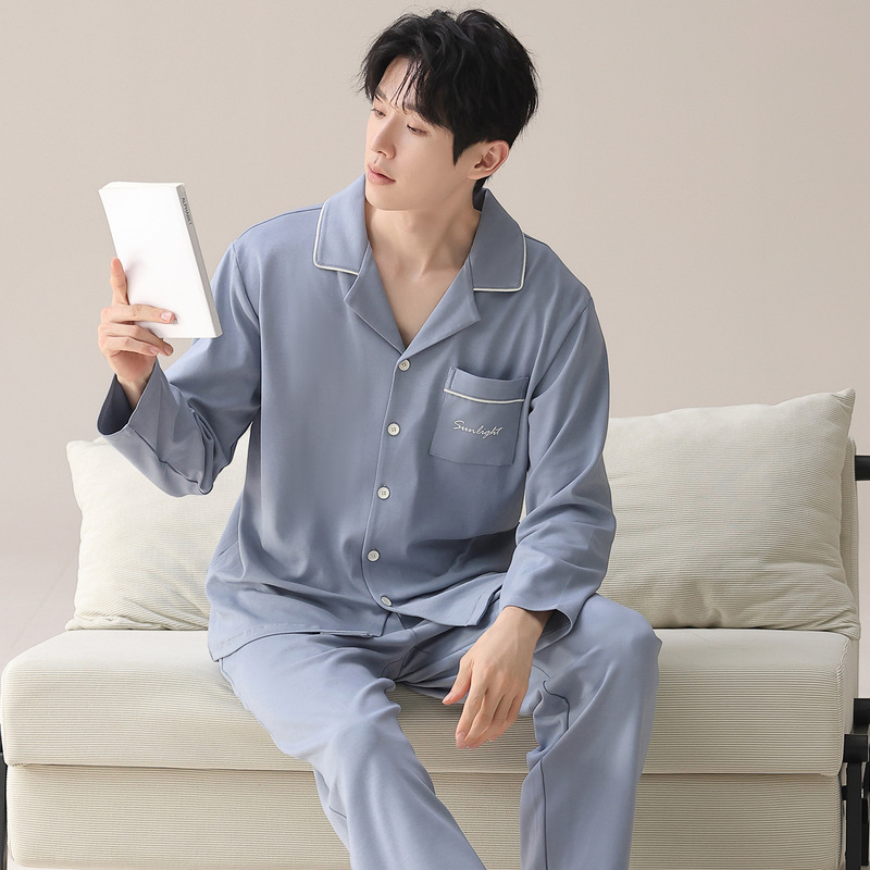 2025 New Pure Cotton Pajamas for Men, Long-Sleeved, Autumn Casual, Large Size Loungewear for Teenagers, Set in Stock