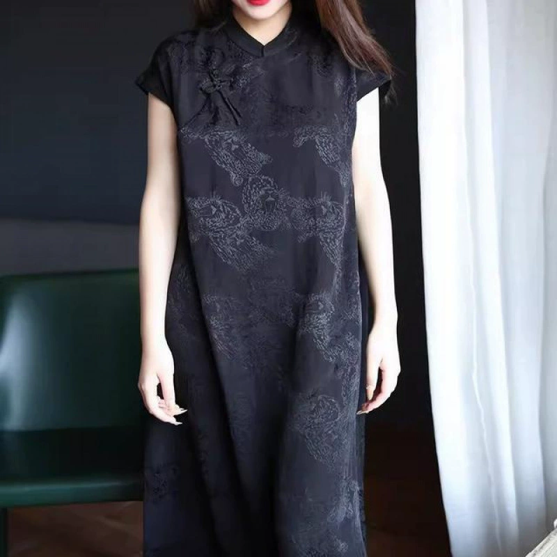 Женское летнее платье из хлопка и льна в стиле ретро с жаккардовым узором и пуговицами в этническом китайском стиле