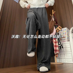 黑色格子阔腿裤女秋季2025新款高腰宽松慵懒松弛感休闲毛呢直筒裤
