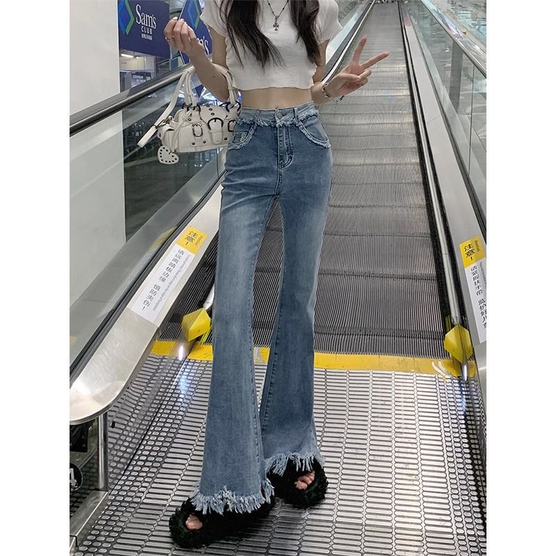 大码胖mm高腰牛仔裤女春秋修身显瘦设计感小个子复古微喇叭阔腿裤|undefined