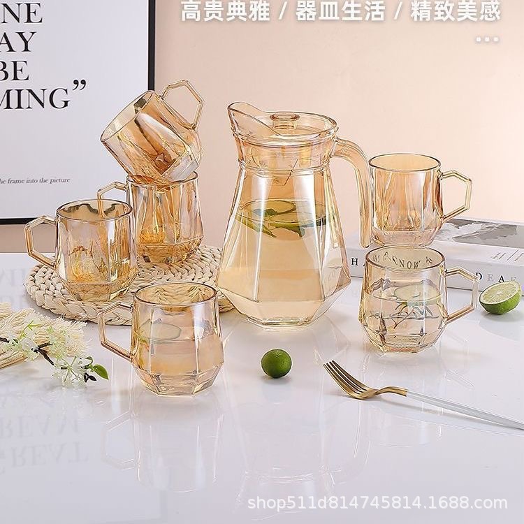 Light Luxury Diamond Hexagonal Water Set, One Pot, Six Cups, Amber Household High-Value Water Set, Water Cup Promotion Wholesale
