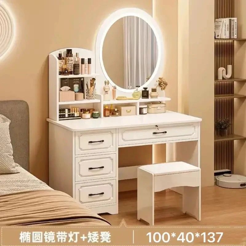 둥근거울 4단 서랍 + 램프 100cm 웜화이트 + 스툴