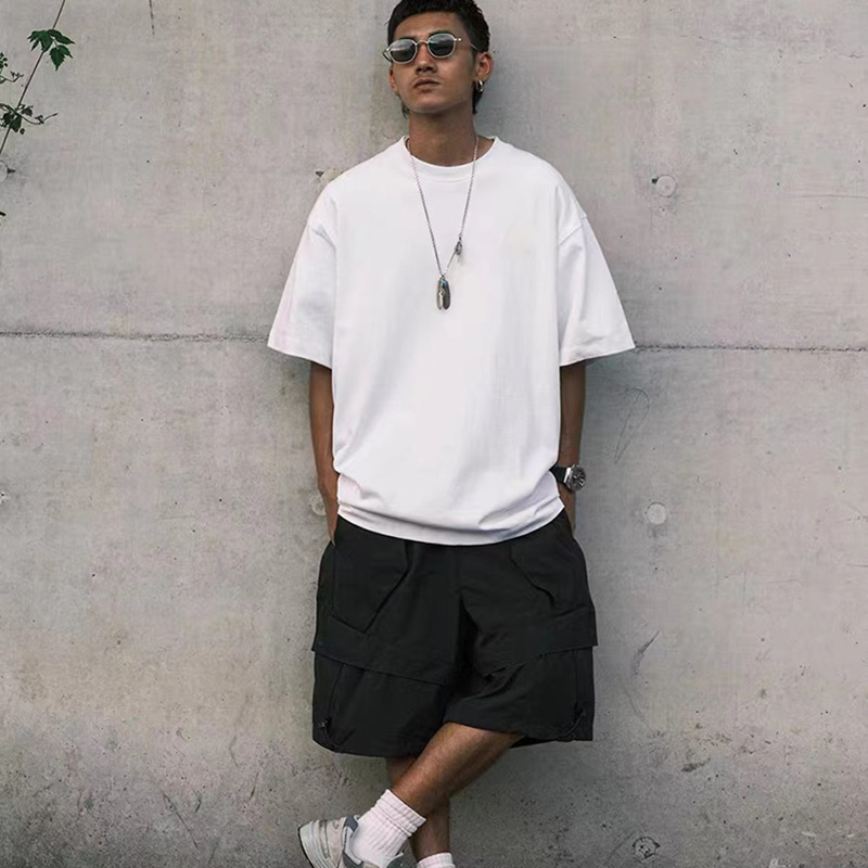 230g camiseta de manga corta hombre cuello pequeño cuello redondo algodón suelto hip-hop estilo lesbiano americano camiseta de hombro de moda