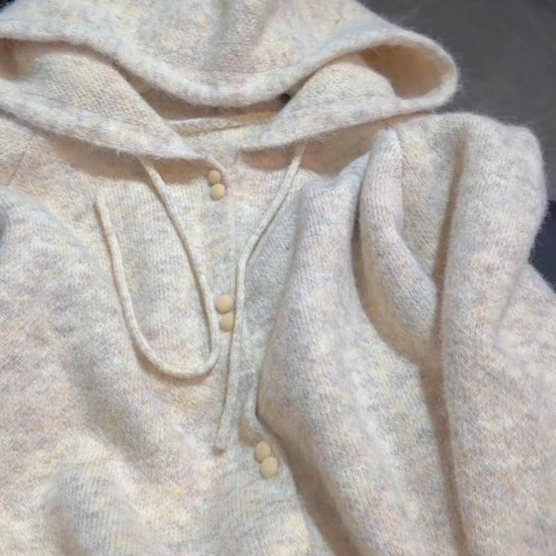小个子甜美软糯连帽开衫毛衣女春秋小众设计感慵懒风宽松针织上衣|undefined