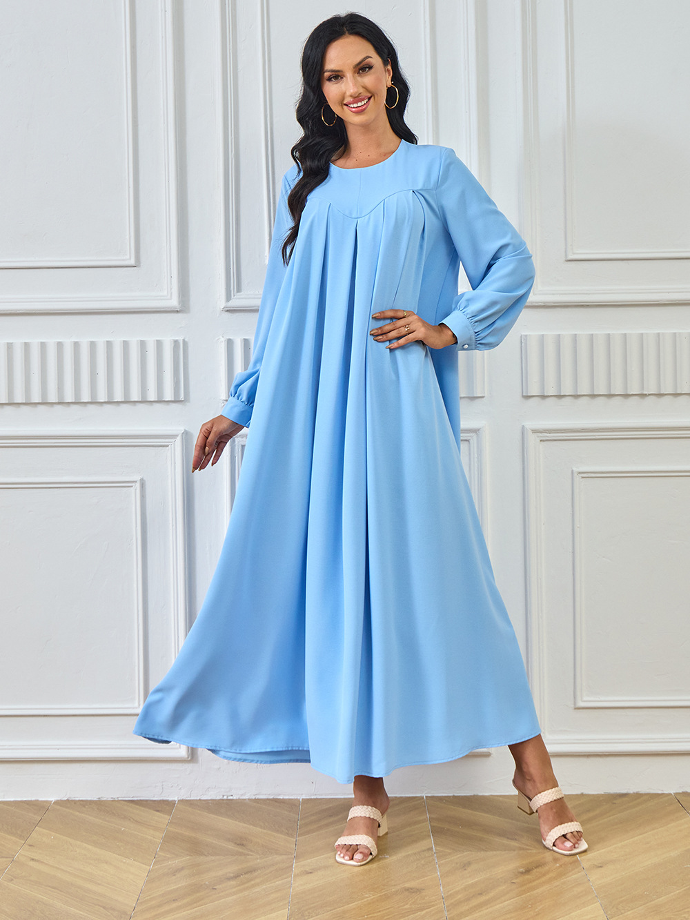 New Abaya Arab Cross-border Middle Eastern Muslim Robe Long-sleeved Solid Color Large Hem Dress Long Skirt Women's_ecoleips.com