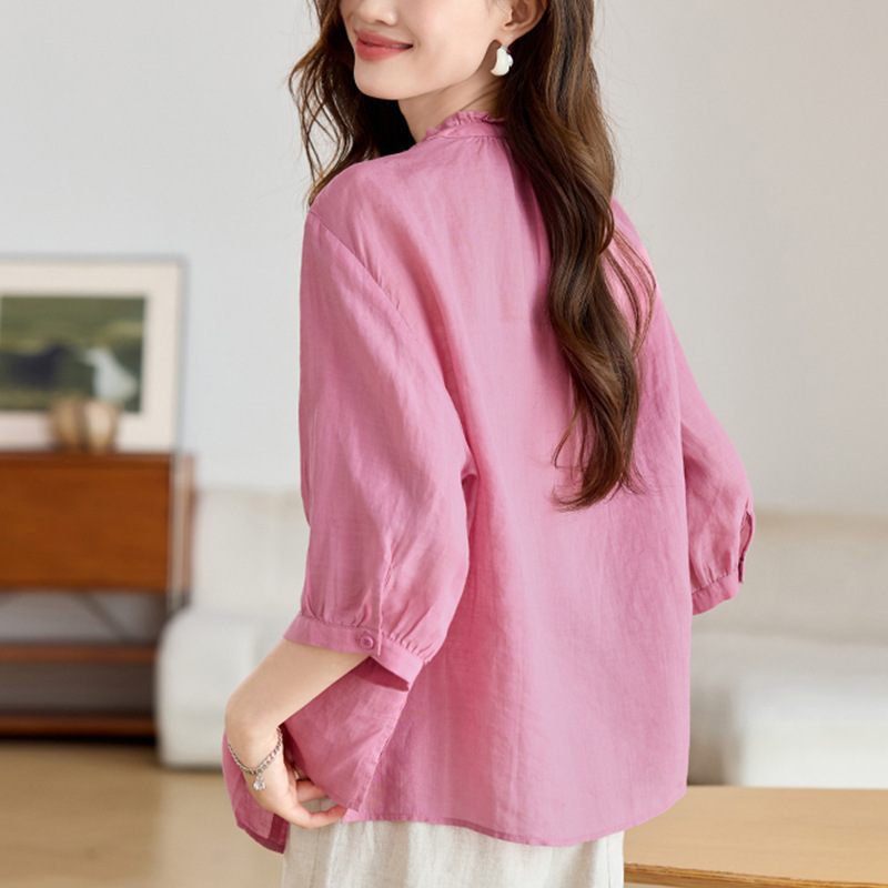 Ramie Embroidered Top Women's Lace Collar Short-Sleeved Buddhist Age-Reducing Shirt Thin Literary Casual Elegant Shirt T-Shirt