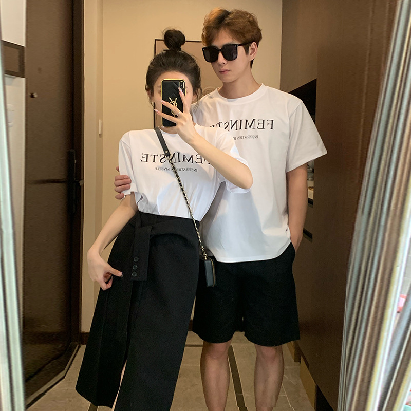 커플 원피스 여름 원피스 2023 새로운 간단한 플러스 사이즈 편지 반팔 티셔츠 당신의 원피스 내 원피스 하나 원피스 원피스 세트