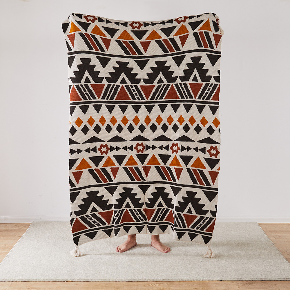 Bohemian sofa cover wool knitted ethnic style wave air conditioning blanket, tassel nap blanket_voghion.com