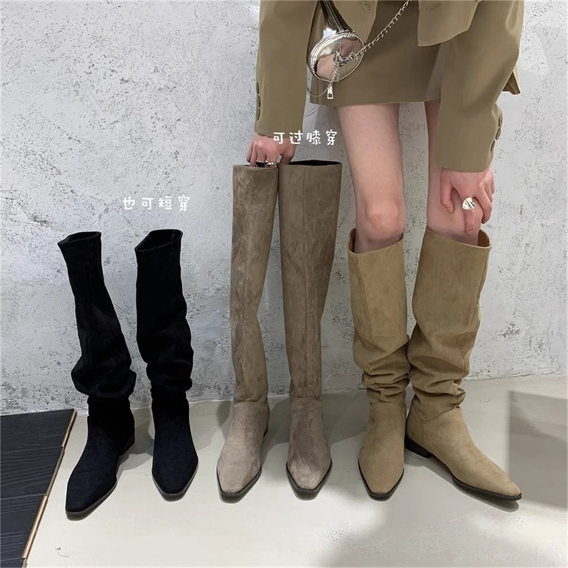 Women's Wide-Leg Boots 2026 Autumn New Style Wide-Leg Thick-Leg Long Boots European and American Flat-Soled Slouchy Boots Suede Long Boots