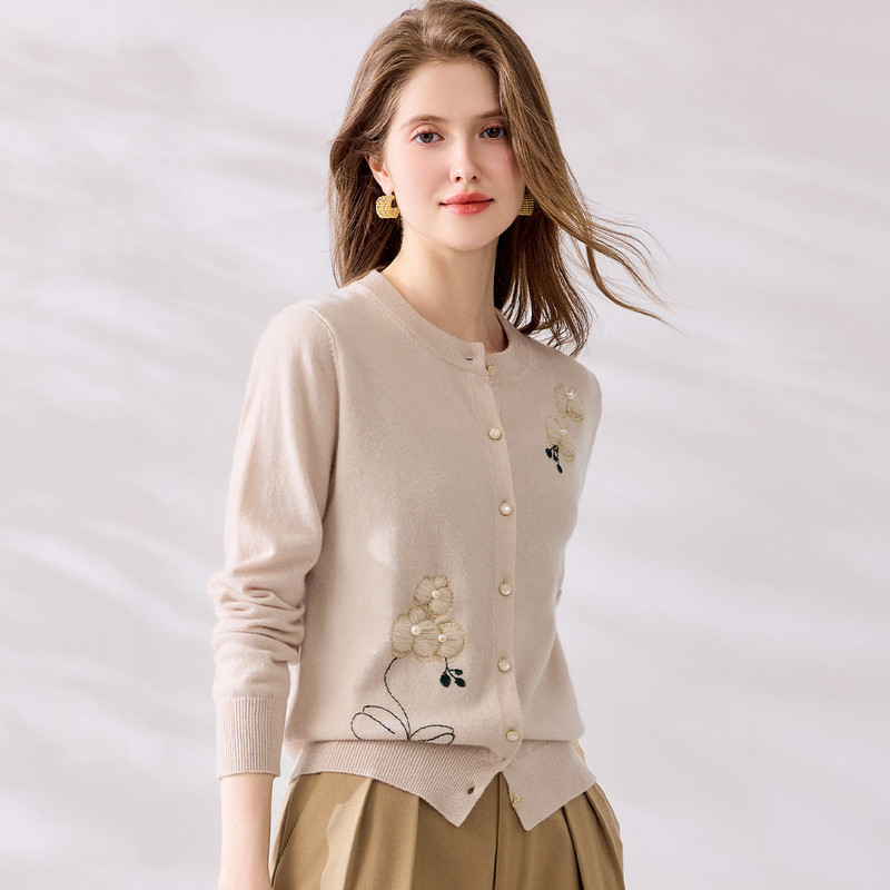 [100% Wool] 2025 Early Autumn New Casual Literary Round Neck Embroidered Jacquard Beaded Women's Knitted Cardigan