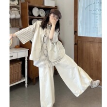 日系复古夏季新款短袖格子衬衫叠穿宽松马甲阔腿休闲裙裤女三件套