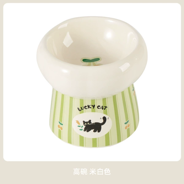 Tall six-petal bowl-green striped cat