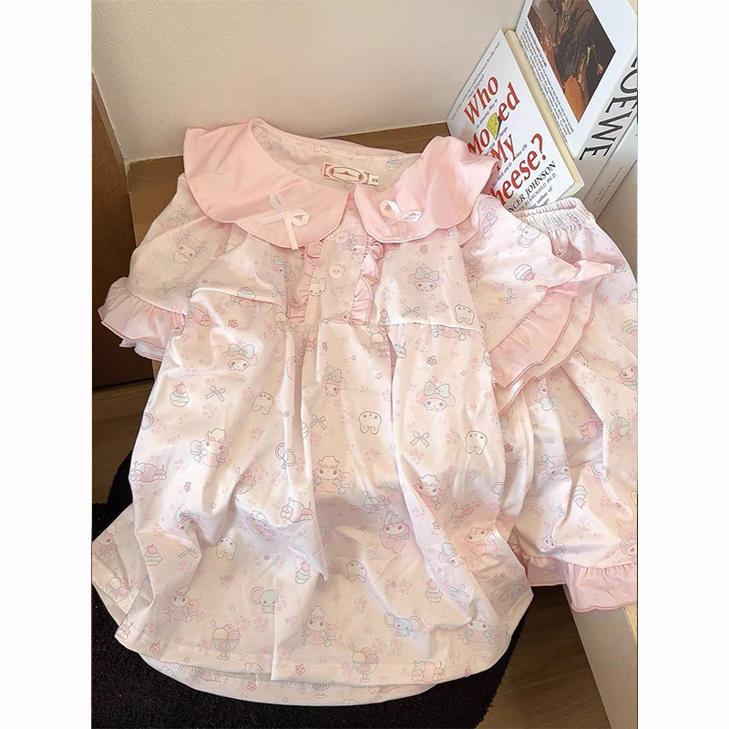 Princess-style pink pajamas for women, short-sleeved shorts, doll collar two-piece set, girls' home wear Princess-style pink pajamas for women, short-sleeved shorts, doll collar two-piece set, girls' home wear