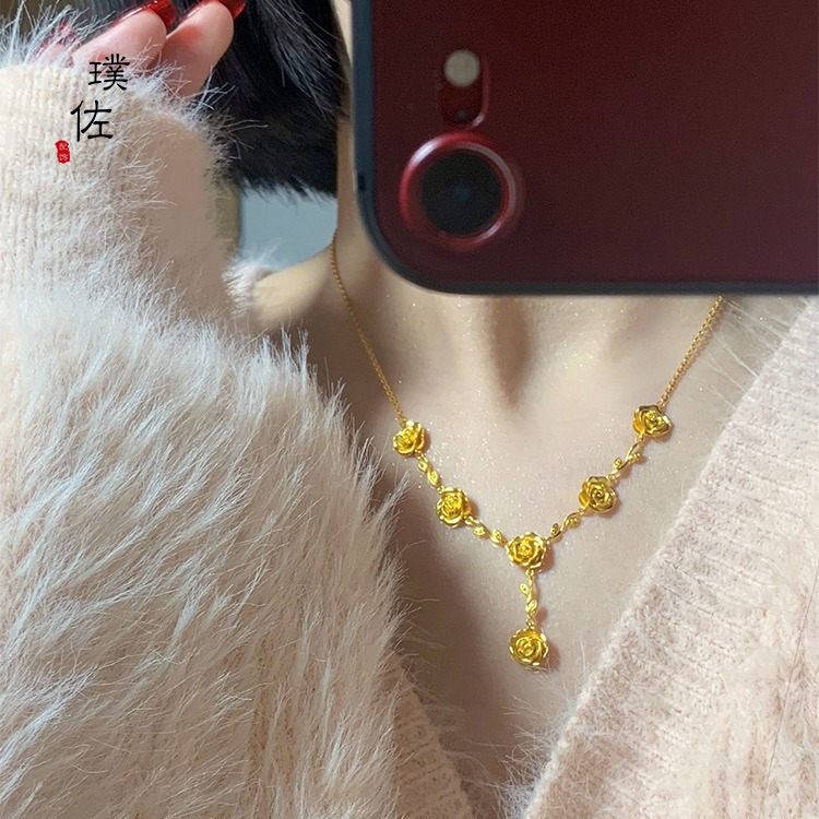 金店同款沙金項鍊Y字流蘇顯瘦長款玫瑰花項鍊手鍊女款婚嫁系列
