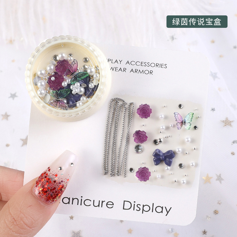 2023 nuevos accesorios de manicura camellia material paquete cadena de mariposa rosa arco mezcla combinación