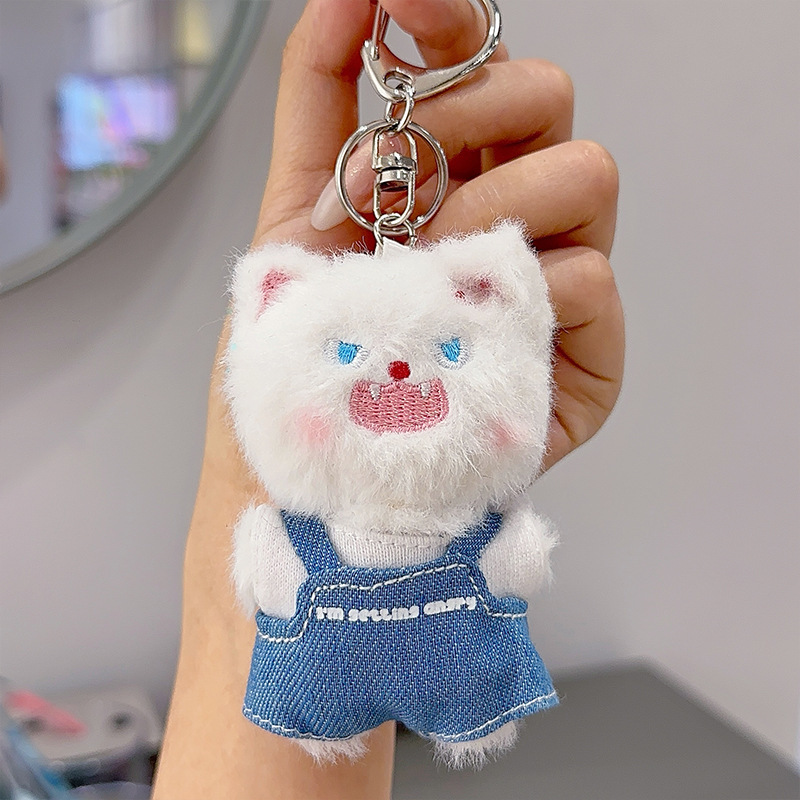 正版炸毛小宠猫咪牛仔背带裤情侣对对毛绒挂件精致书包钥匙扣公仔|undefined