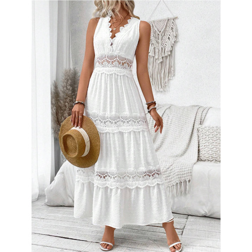 Cross-border 2026 Amazon European and American summer new VCAY women's lace splicing V-neck sleeveless dress