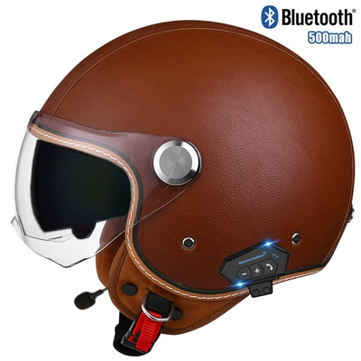 Motosiklet kaskı (dəbilqə) — half helmet double mirror helmet - lychee-pattern-brown-short-outside-and-tea-inside-bluetooth-m