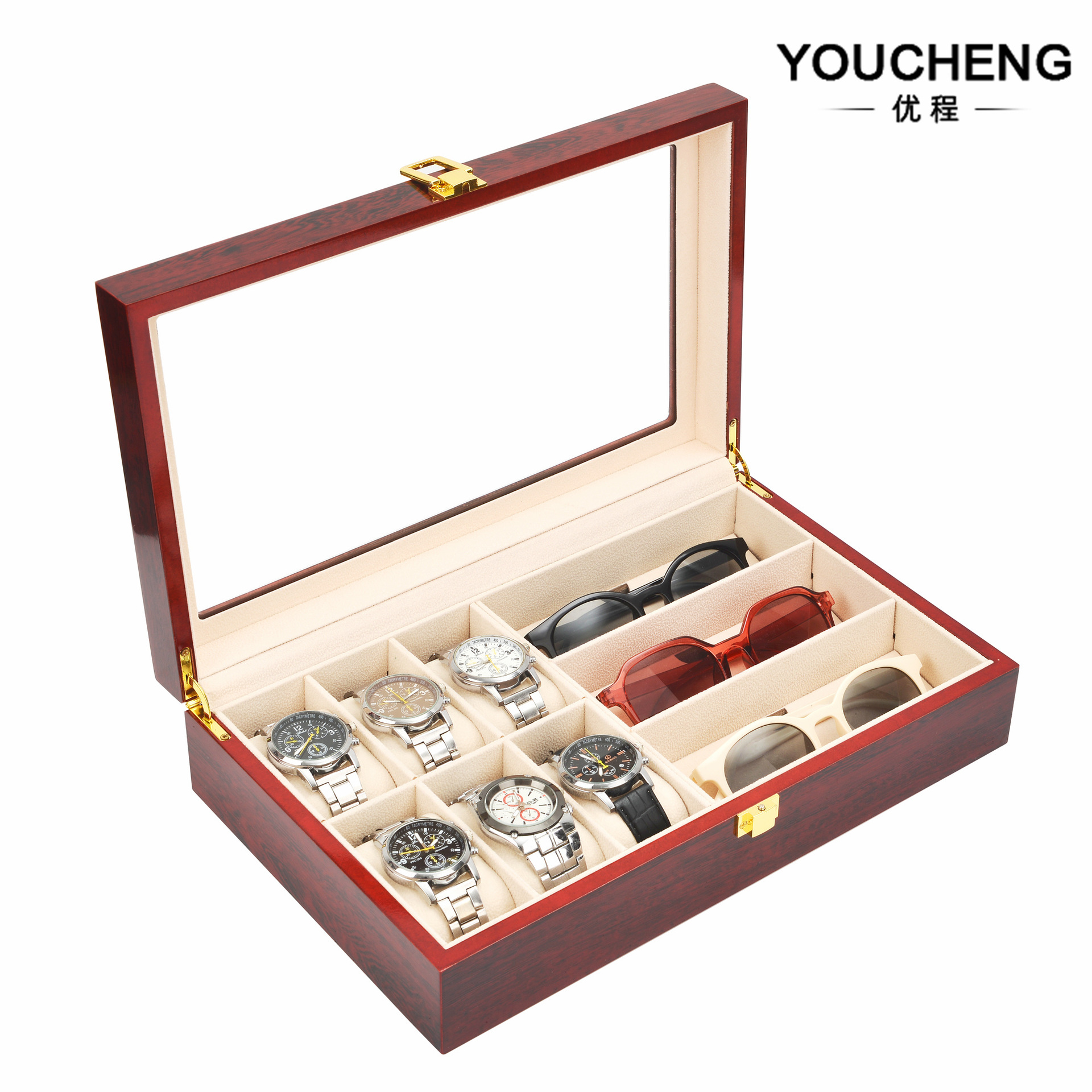 现货批发木质烤漆6位手表盒加3位眼镜盒开窗手表展示盒一体收纳盒